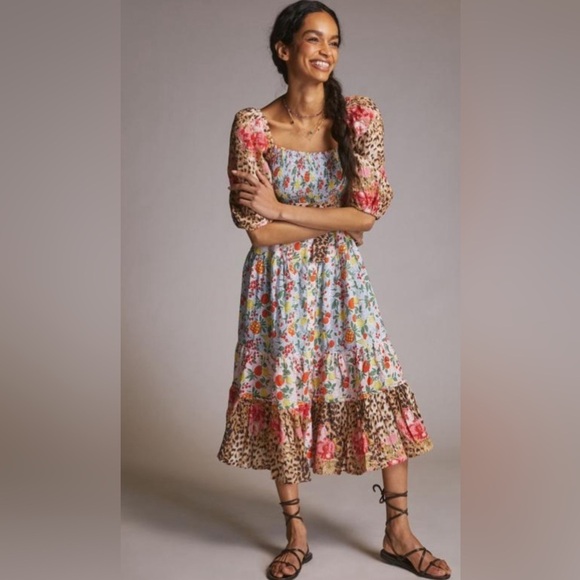 Anthropologie Place National linen floral print midi dress size medium NWOT - Picture 1 of 11